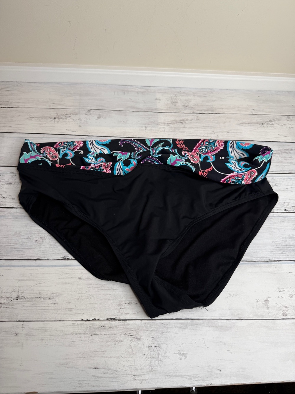 Apt. 9 Black Bikini Bottom with Floral Fold-Over Waistband